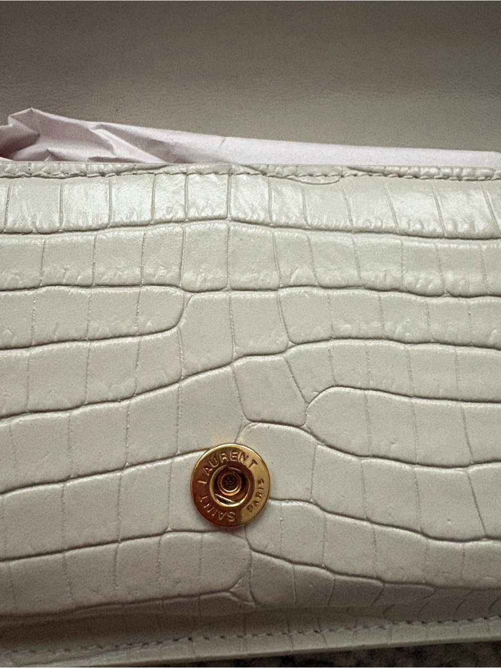 Saint Laurent Cassandre Cream Croc-Embossed Leather Chain Wallet Gold Hardware - Picture 4 of 10
